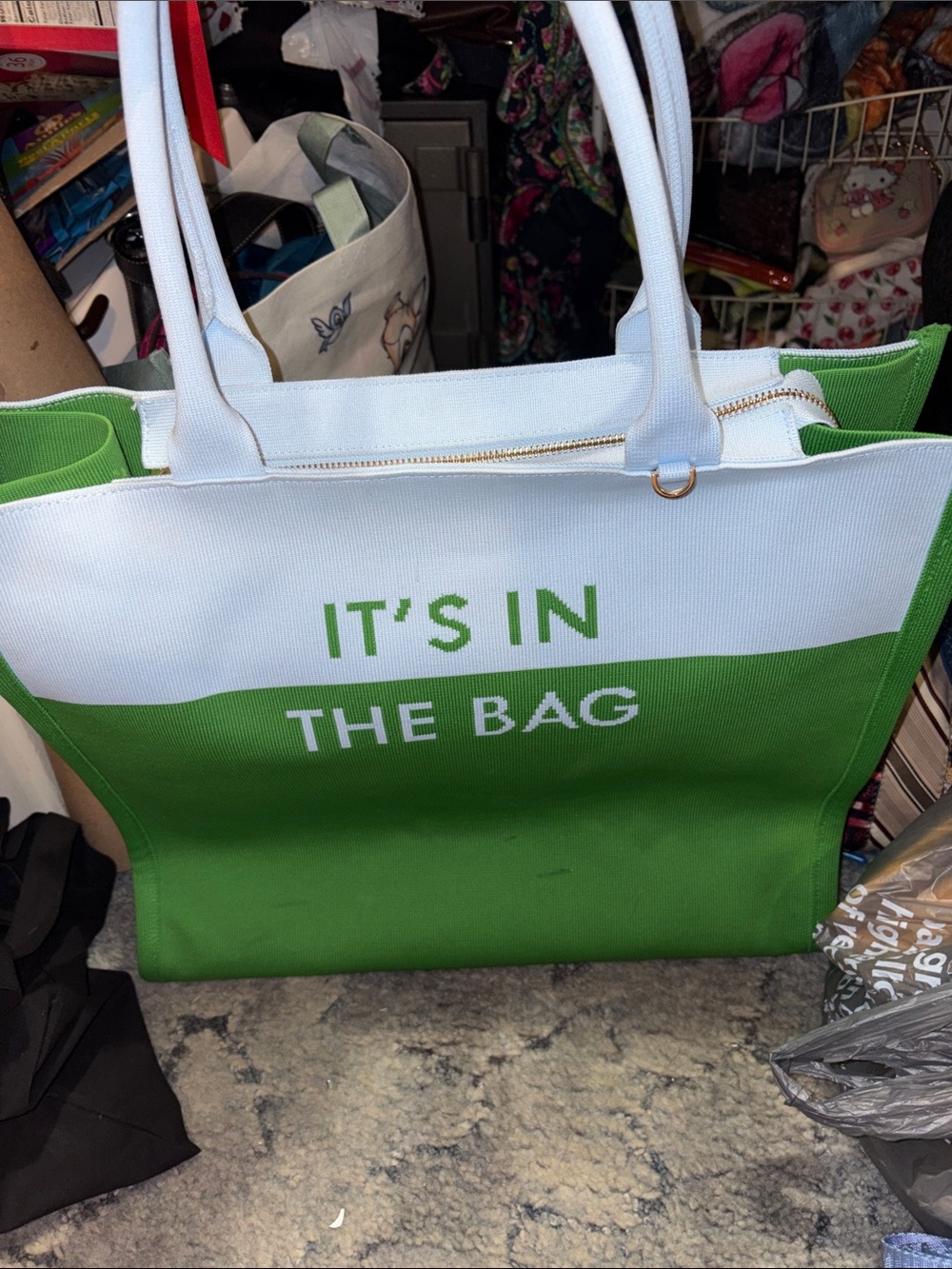 kate spade Green and White Canvas Tote with "IT'S IN THE BAG"